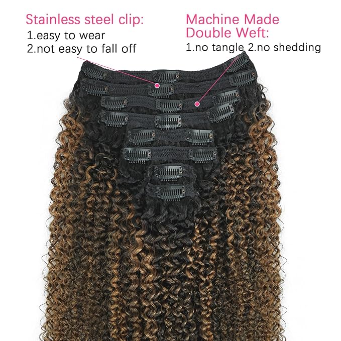 3c 4a Curly Clip in Hair Extensions T1BP1B/30 Omber Kinky Curly Clip ins For Women Brazilian Virgin Clip on Hair (20inch,T1BP1B/30)