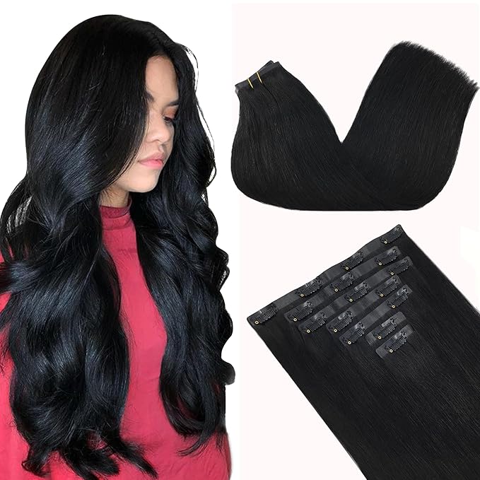 GOO GOO Clip in Hair Extensions Real Human Hair, Remy Human Hair Extensions Clip ins for Women, Natural Human Hair, 18inch 130g 7Pcs, 1 Jet black