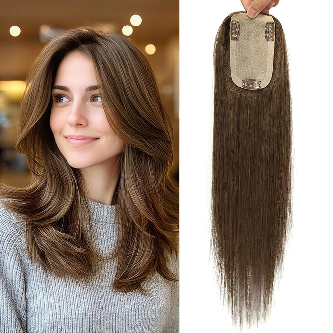 3x5 Inch Injected Silk Base Hair Toppers for Women, 18 Inch Length 130% Density Real Human Hair Pieces #2A Brown