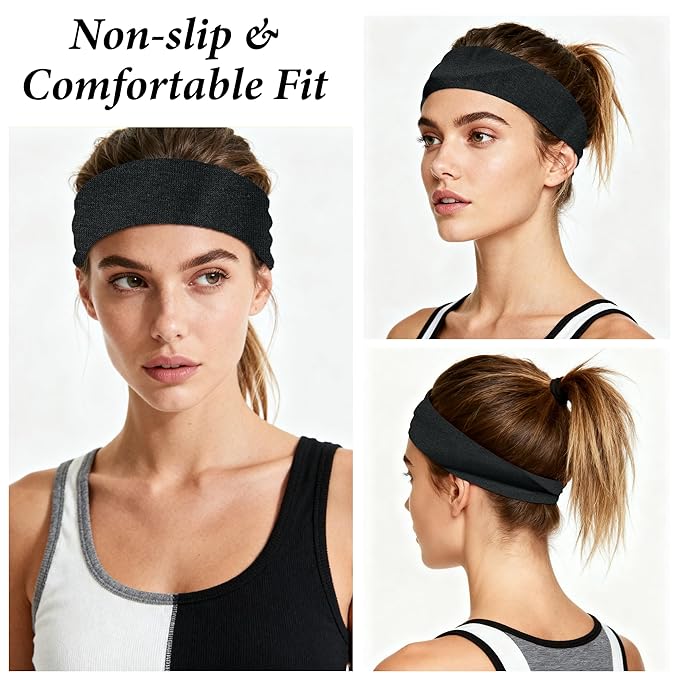 Black Headbands for Women Non-Slip Elastic Hair Bands, 6 Pack Stretchy Soft Cloth Sweat Bands, Fabric Workout Headband, Fashion Head Bands for Yoga Running Sports