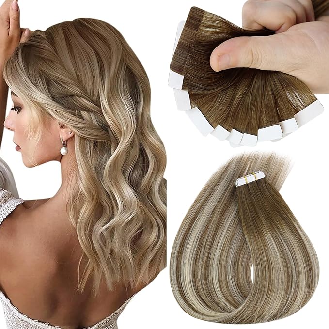 Sunny Hair Tape in Hair Extensions Real Human Hair Invisible Remy Hair Extensions Tape ins for Women Medium Brown Ombre PLatinum Blonde Balayage 14 inch 25G
