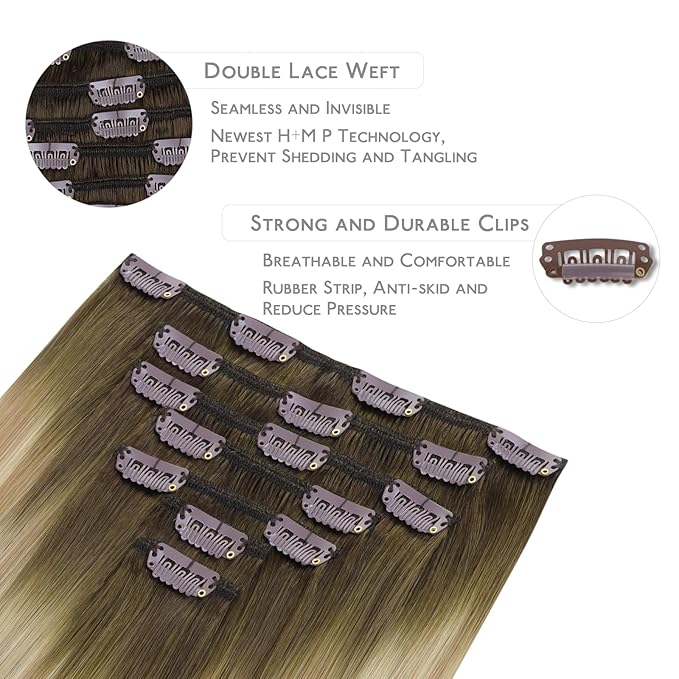 WENNALIFE Clip in Hair Extensions Real Human Hair, 22 Inch 120g 7pcs Remy Hair, Balayage Light Ash Brown to Light White Blonde Hair Extensions Clip In Real Hair Coloured
