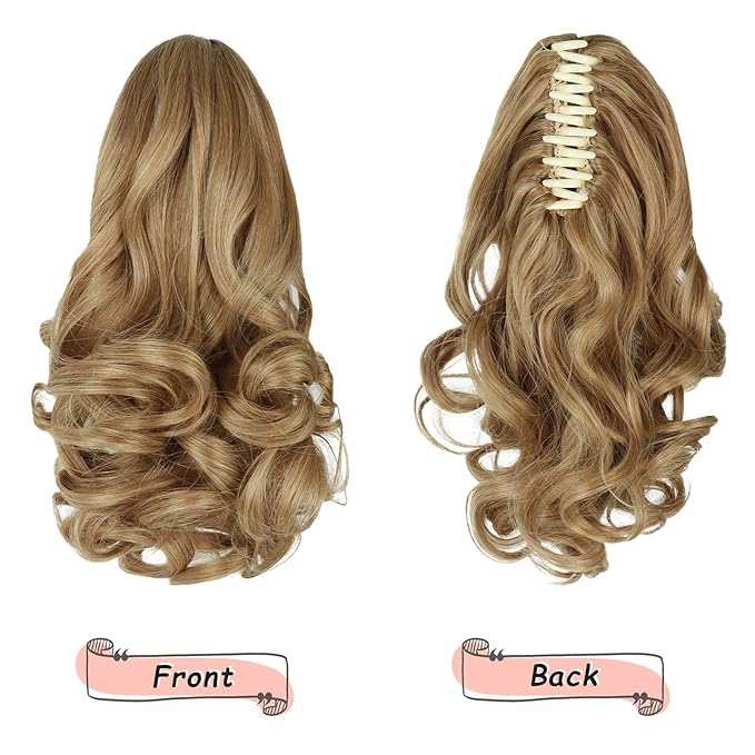 Ponytail Extension, Clip on Ponytails for Women, 12" Claw Clip in Short Curly Wavy Pony Hair Extension for Women - Blonde
