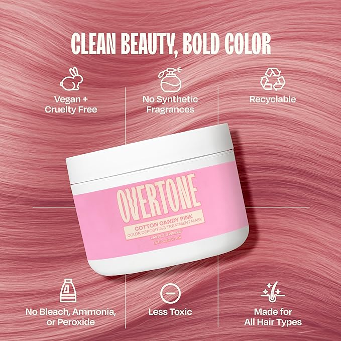 Overtone Semi Permanent Hair Color Conditioner, Pastel Pink is Now Cotton Candy Pink, 8 oz, Nourishing, Damage-Free, Color Depositing Mask for All Hair Types with Shea Butter & Coconut Oil, Vegan