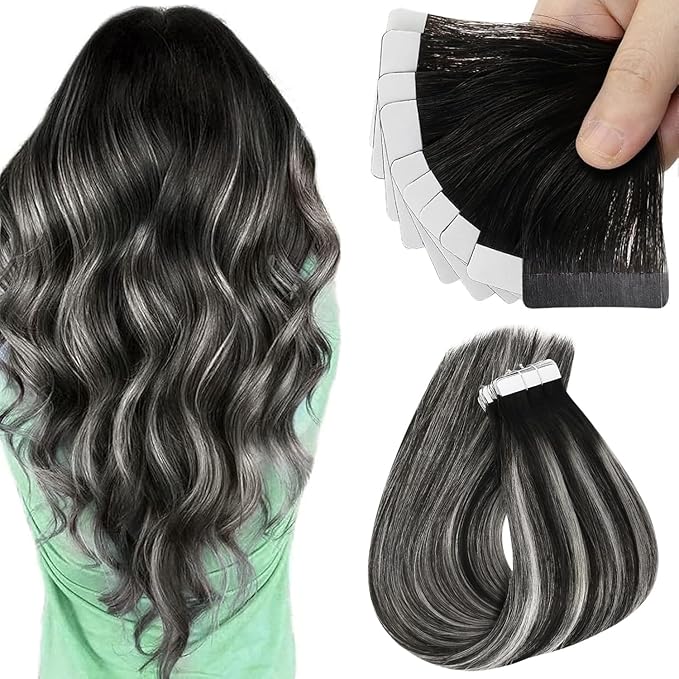 Sunny Hair Tape in Hair Extensions Real Human Hair Invisible Remy Hair Extensions Tape ins for Women Ombre Natural Black Root to Sliver Grey 18 inch 25G