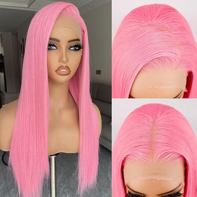 BLL Pink Wig, 13x4 Synthetic Lace Front Wig Pre-Plucked Glueless Long Silk Straight Wigs With Baby Hair Natural Density Ready to Wear Wigs For Women Suitable For Daily Party Wear 26inch