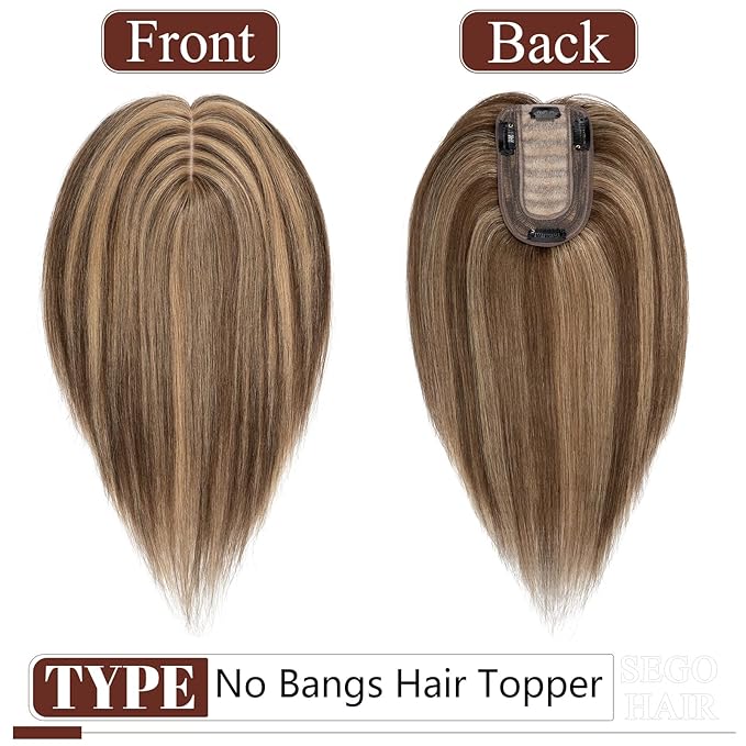 SEGO Real Human Hair Topper for Women, No Bangs Hair Topper with Anti-Slip Clips (16 Inches Medium Brown Mix Dark Blonde)