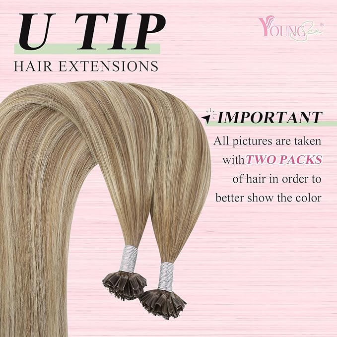 YoungSee Human Hair U Tip Hair Extensions Ombre Utip Remy Hair Extension Balayage Light Brown Ombre Blonde U Tips Human Hair Extensions Straight U Tip Keratin Hair Extension for Short Hair 50s/50g