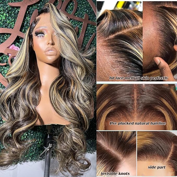 32 Inch Balayage Highlight Ombre Lace Front Wig Human Hair Honey Blonde 13x6 Body Wave HD Lace Front Wigs Human Hair Pre Plucked 200 Density 1b/27 Colored Lace Frontal Glueless Wigs for Women