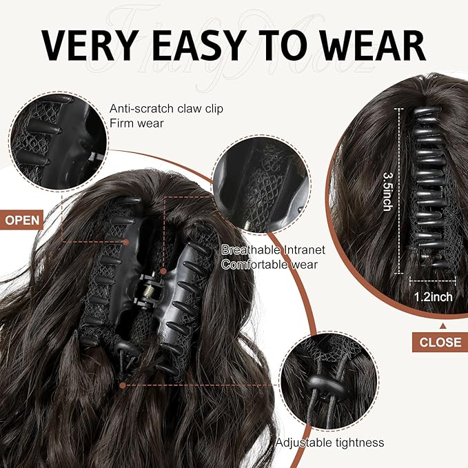 FLUFYMOOZ Ponytail Extension, 18 Inch Claw Clip Ponytail Extension, Wavy Curly Claw Clip in Ponytail Hair Extensions, Natural Fake Ponytail Synthetic Hairpiece for Women (Black Brown)