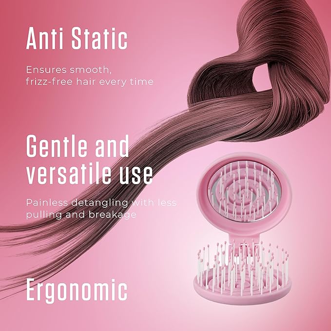 Mini Detangler Travel Hair Brush with Mirror, Makaron Hair Brushes for Women, Men and Kids, Unique 3D Flexible Design for All Hair Types, Styling Accessory, Travel Essentials for Women (LILAC)
