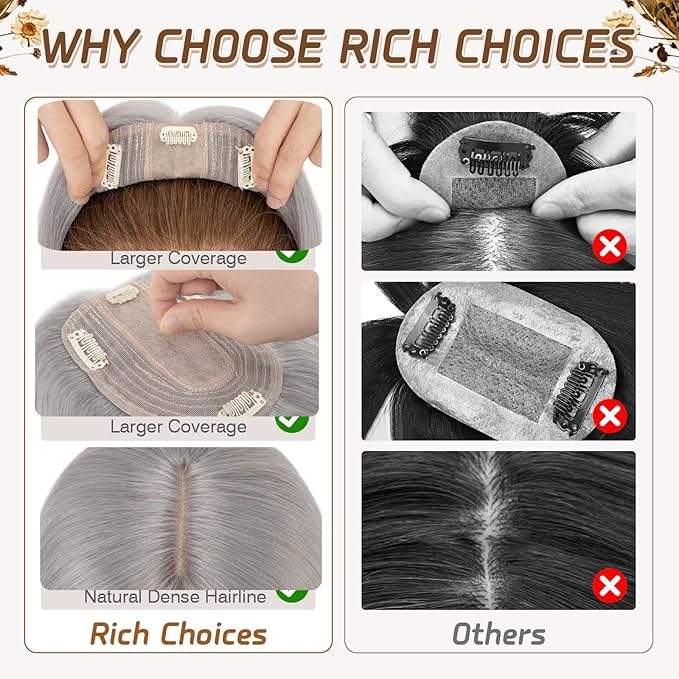 Rich Choices Hair Toppers for Women Real Human Hair 100% Human Remy Toppers NO Bangs for Women with Thinning on Top Clip in Hairpiece 4"x4.7"Lace Base 12 Inch Gray