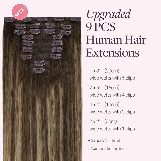 GOO GOO Clip in Hair Extensions Real Human Hair, Remy Human Hair Extensions Clip ins for Women, Natural Human Hair, 16inch 150g 9Pcs, 4/27/4 Balayage Chocolate Brown to Caramel Blonde