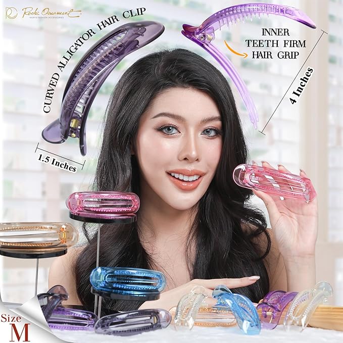 RC ROCHE 6 Pcs Flat Claw Hair Clips for Women Alligator French Barrette Long Thick Hair Duckbill Curved No Slip Grip Lay Flat Side Slide Firm Classic Styling, Medium Transparent Multicolor