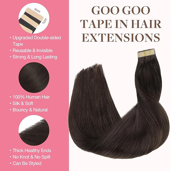 GOO GOO Tape in Hair Extensions Human Hair, 2A Light Brown, 18inch 50g 20pcs, Skin Weft Seamless Invisible, Silky Straight with Thick Ends, Remy Human Hair