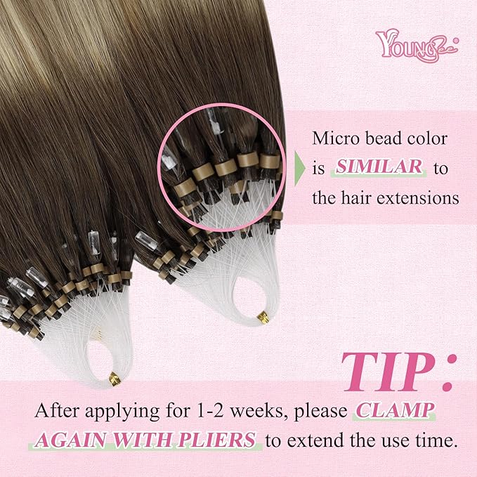 YoungSee Micro Link Hair Extensions Human Hair Balayage Micro Bead Hair Extensions Real Human Hair Brown Ombre Blonde Micro-Ring Hair Extension 14In Bead Hair Extension for Short Hair 50s/50g