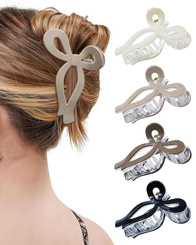 Mesovor 4 Pack Elegant Bow Hair Claw Clips, Nonslip 4.3" Large Hair Grip Hairclips for Thin and Thick | Acrylic Hair Strong Hold Hair Jaw Clamps (Neutral)