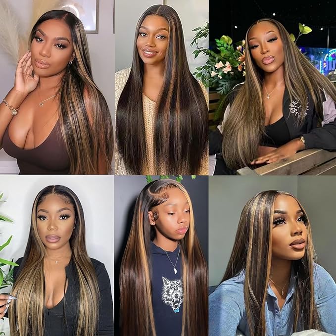 Ombre Lace Front Wig Human Hair 1B/30 Highlight Straight Wigs 13X6 Transparent Lace Frontal Glueless Wigs Honey Blonde Colored Human Hair Pre Plucked for Women 20inch