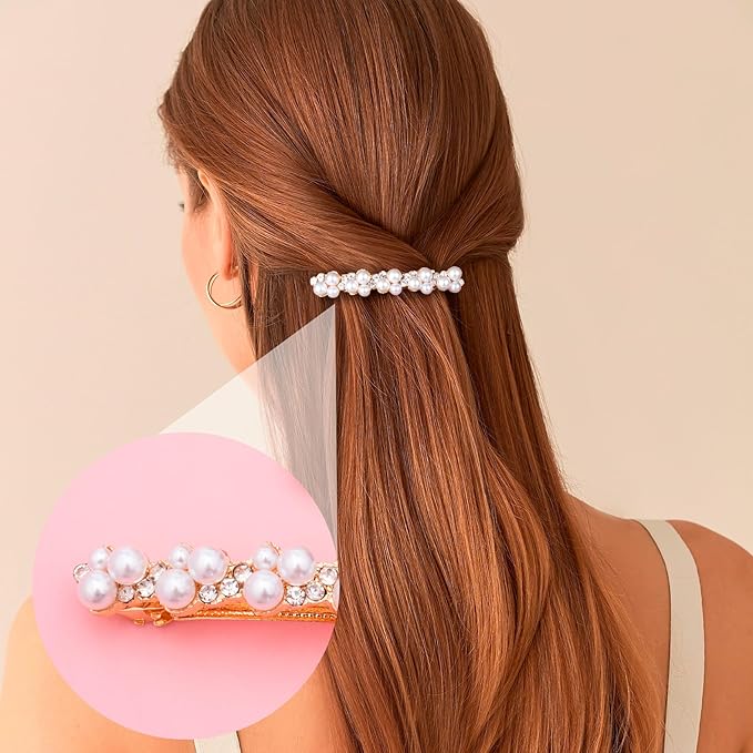 2 Pcs Pearl Rhinestone Hair Clips, Pearl-Embellished Barrette, Elegant Pearls Barrettes for Women, Party, Wedding, Daily Use, Graduation (Gold)