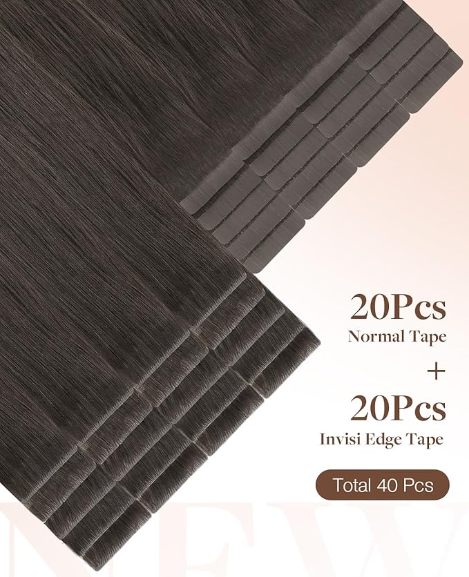 GOO GOO Invisi Edge Tape in Hair Extensions Human Hair, 1C Mocha Brown 20pcs injected with 20pcs classical tape ins, 24inch 100g, Virgin Remy Hair, Natural Look