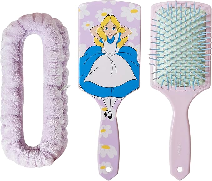 LUV HER Kids Hair Brush & Spa Headband Set for Girls - Features Disney Alice in Wonderland - Fun Grooming Kit for Detangling, Styling & Skincare - Soft & Stretchy One Size, Ages 3+