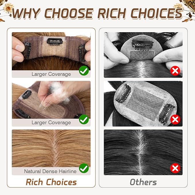 Rich Choices Real Human Hair Toppers for Women With Bang 100% Remy Human Hair Topper for Thinning Hair Clip in Silk Base Hair Topper 12 Inch #6 Light Brown