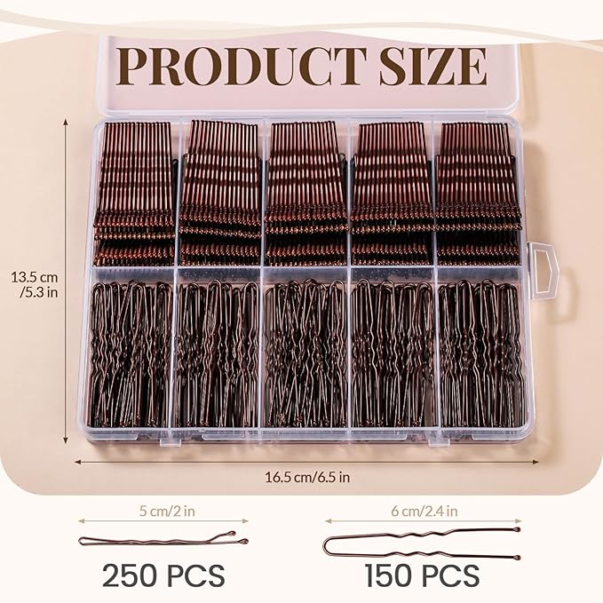 YGDZ 400 Counts Brown Bobby Pins Hair Pins Set for Women, 2inch Bobby Pins for Buns, 2.36inch Brown U Shaped Hair Pins for Styling, Hair Accessories for Women, Wedding