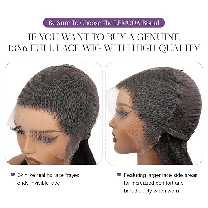 Lemoda SKINLIKE Real HD 13x6 Full Lace Frontal Wig 210% Straight 15A 13x6 Full Lace Frontal Human Hair Wigs 30Inch Invisible Knots 0.10mm Frayed Ends Lace Natural Hairline Thick Soft Ends Wig