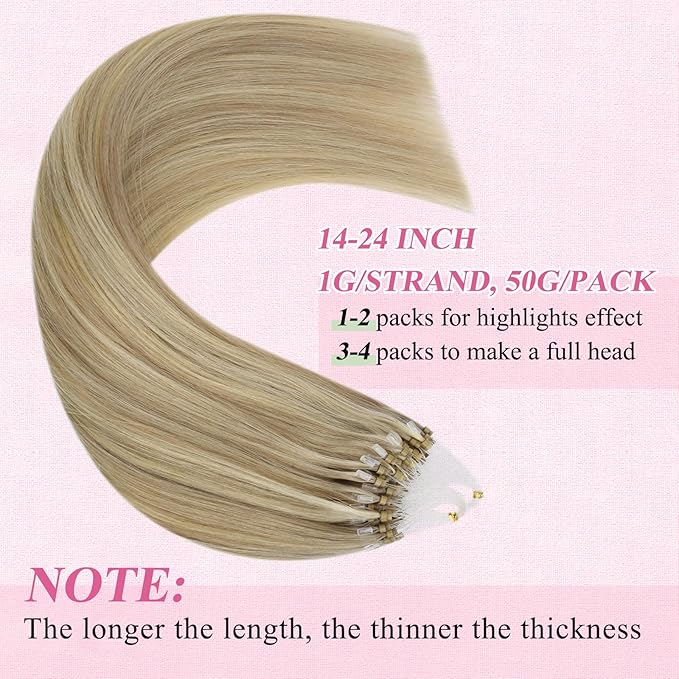 YoungSee Micro Beads Hair Extensions Blonde Microlink Hair Extensions Highlight Blonde with Golden Blond Bead Extension Human Hair for Long Hair 24Inch 50g 50s Natural Hair Extension