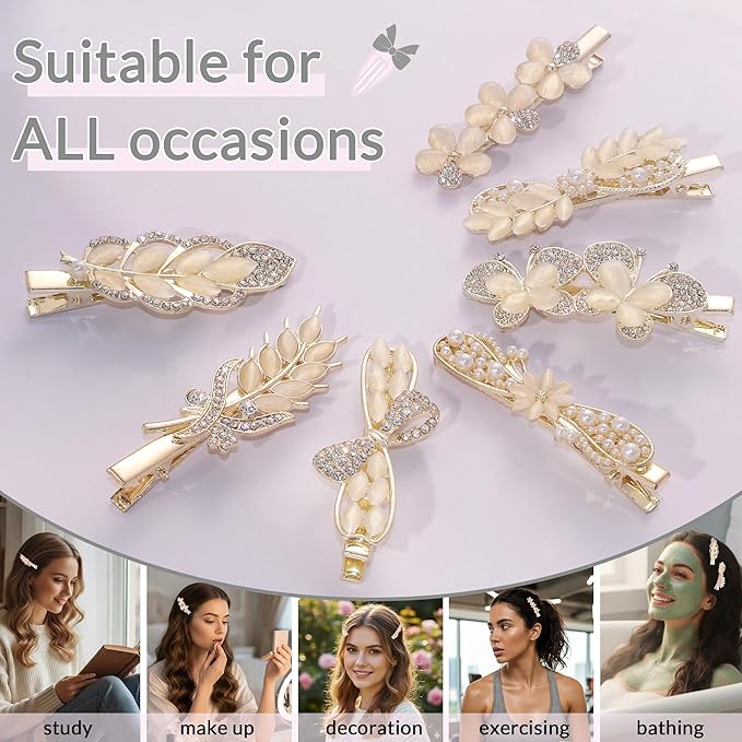 7 Pcs Gold Hair Clips for Women - Vintage Opal & Pearl Hair Barrettes with Rhinestone, Elegant Flower Butterfly Duckbill Alligator Clips, Bridal Wedding Hair Accessories for Thick Thin Hair Styling
