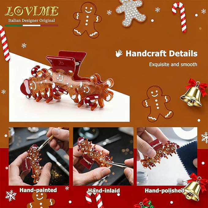Original Italian Designed Hair Claw Clips for Women- CHRISTMAS Gingerbread Men, Premium Acetate Medium Claw, Non Slip Cute Hair Clips for Women with Gift Box