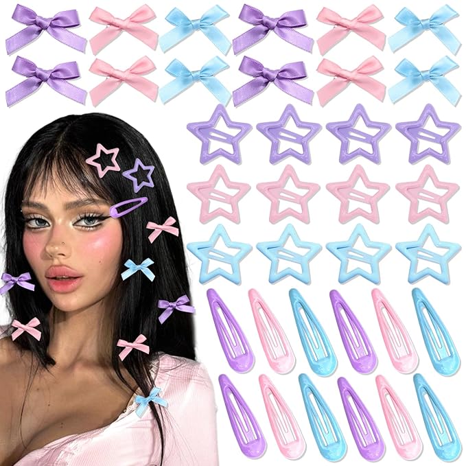 36Pcs Pink Mini Bow Hair Clips 3 Color Star Snap Hair Barrettes for Women Blue Water Drop No Slip Hair Clips Purple Small Hair Bows Star Bowknot Hair Accessories for Teens Girls