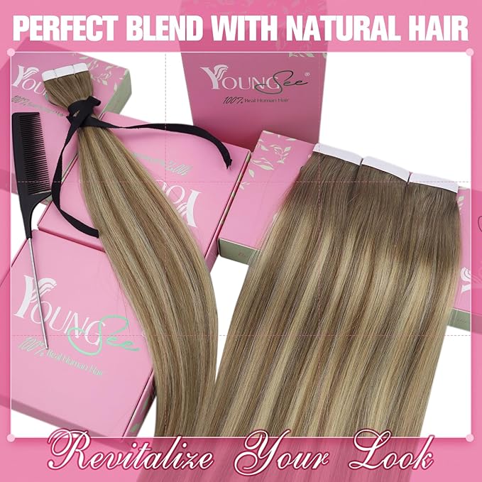 YoungSee Human Hair Tape in Extensions Balayage Invisible Tape in Hair Extensions Human Hair Light Brown Ombre Blonde Tapes ins Human Hair Long Hair Extension 24 Inch 20pcs Hair Extension Tape-in 50g