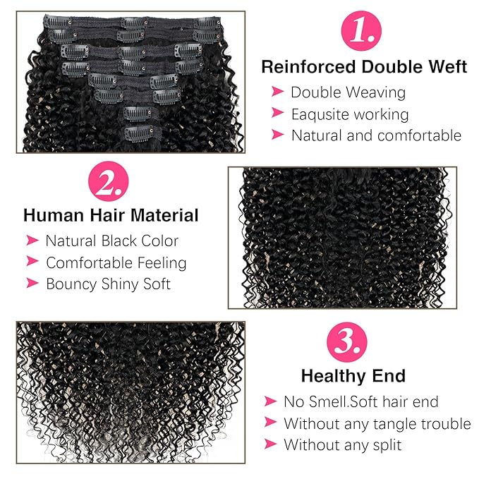 Kinky Curly Clip in Extension Human Hair 3c 4a Clip Ins for Women Brazilian Remy Human Hair Extensions #1B Natural Color 8 Pcs with18 Clips 120g/Set (14 inch)