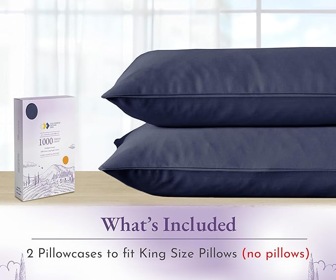 California Design Den King Pillow Cases Set of 2-1000 Thread Count Sateen, Soft and Thick 100% Cotton King Size Pillow Cases, Durable - Navy Blue