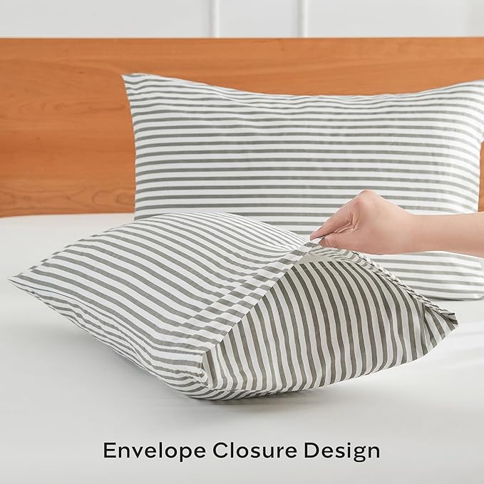 JELLYMONI 100% Natural Cotton Striped Queen Pillowcases Set, 2 Pack White and Grey Stripes Pattern Printed Pillow Covers with Envelope Closure(Pillows are not Included)