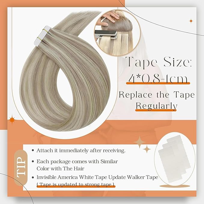 Full Shine Tape ins Human Hair Extensions Color 18 Ash Blonde Highlight 613 Blonde Tape in Hair Extensions 24Inch Invisible Remy Skin Weft Add Length 40Pcs 100Gram Soft Silky