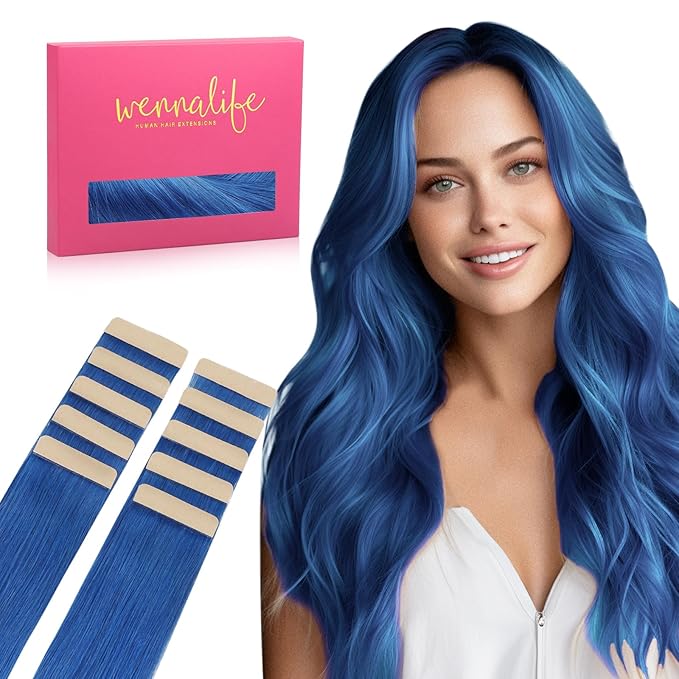 WENNALIFE Tape in Hair Extensions Human Hair Blue Tape in Extensions, 10pcs 25g 18 inch Remy Invisible Tape Ins Straight Colored Soft Real Human Hair Tape in Extensions Refill Set Extensions