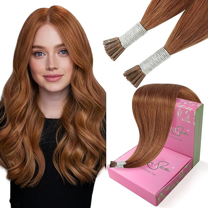 YoungSee Itip Hair Extension Real Human Hair Copper I tip Hair Extensions Human Hair Copper 20In I Tip Extensions Pumpkin Orange Color ITip Remy Hair-Extensions for Girl Party Highlight