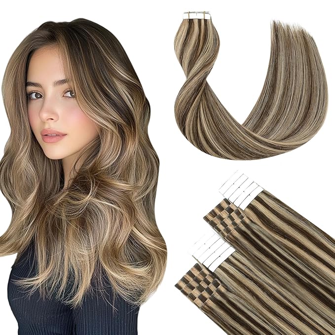 SURNEL Tape in Hair Extensions 16 inch #4P27 Chocolate Brown Highlighted Caramel Blonde Remy Human Hair Tape in 20 pcs 50g(4P27-16)
