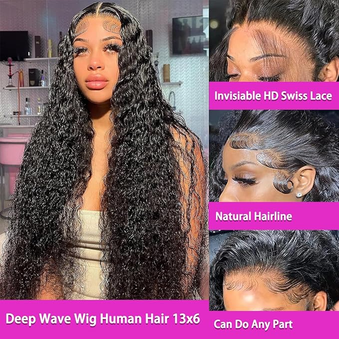 28Inch Deep Wave Lace Front Wigs Human Hair 13x6 Deep Curly Lace Front Wigs Glueless Lace Frontal Wig Brazilian Virgin Human Hair Pre Plucked with Natural Hairline 210% Density