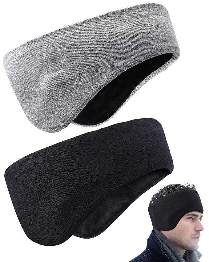 JenPen 2 Pcs Double-layer Ear Muffs for Winter Ear Warmers Headband for Men Women Knit Fuzzy Lined for Adult Running Cycling Ski (Gray,Black)