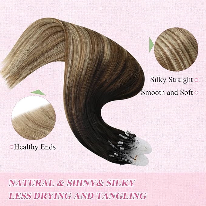 YoungSee Microlink Hair Extensions Balayage Micro Link Hair Extensions Human Hair Dark Brown Ombre Browns with Blonde Microbead Extension Human Hair Long Hair 24In 50g 50s Straight Hair Extension