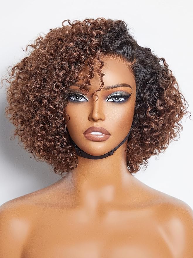 LUVME HAIR 8 Inch Kinky Curly Ombre Brown Bob Wig Human Hair Pre Cut Glueless HD Lace Closure Wig, Natural Black with Brown Side Parted Short Curly Wigs For Women
