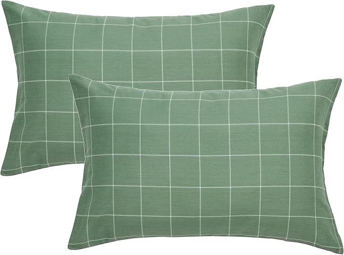 JELLYMONI 100% Natural Cotton Plaid King Pillowcases Set, 2 Pack White with Green Grid Geometric Pattern Printed Pillow Covers with Envelope Closure(Pillows are not Included)