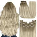 YoungSee 150g Blonde Clip in Hair Extensions Ombre Ash Blonde Mix Platinum Blonde Highlights Real Hair Extensions Clip in Human Hair Balayage Clip on Hair Extensions for Women 22Inch 7Pcs