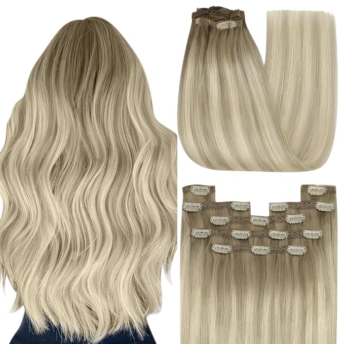 YoungSee 150g Hair Extensions Clips in for Women Ash Blonde Clip in Hair Extensions Real Human Hair Ombre Platinum Blonde Balayage Clip on Hair Extensions Straight Hair 20Inch 7Pcs