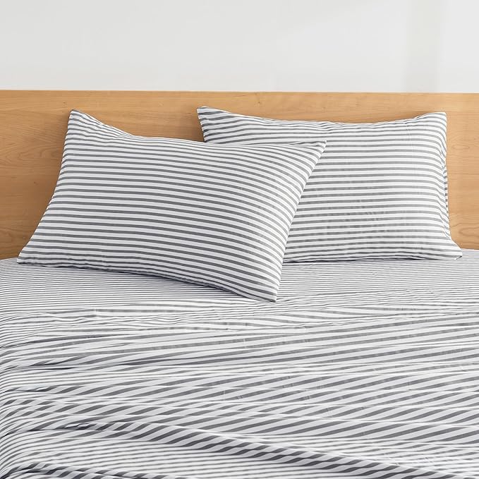 JELLYMONI 100% Natural Cotton Plaid Standard Pillowcases Set, 2 Pack Dark Gray with White Stripes Pattern Printed Pillow Covers with Envelope Closure(Pillows are not Included)