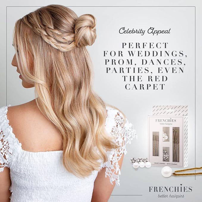 Frenchies French Twist Hair Pin, Velvet Coated Extra Soft French Hair Pins for Women, Wedding, Updo Extensions, or Wig, 6 Pearls + 6 Crystals, 20 Count (10 Lrg, 10 Sm), Blond
