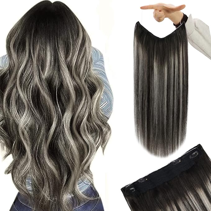 YoungSee Invisible Wire Hair Extensions Ombre Black Wire Hair Extensions Real Human Hair Balayage Black with Silver Headband Hair Extensions for Women 70G 12Inch